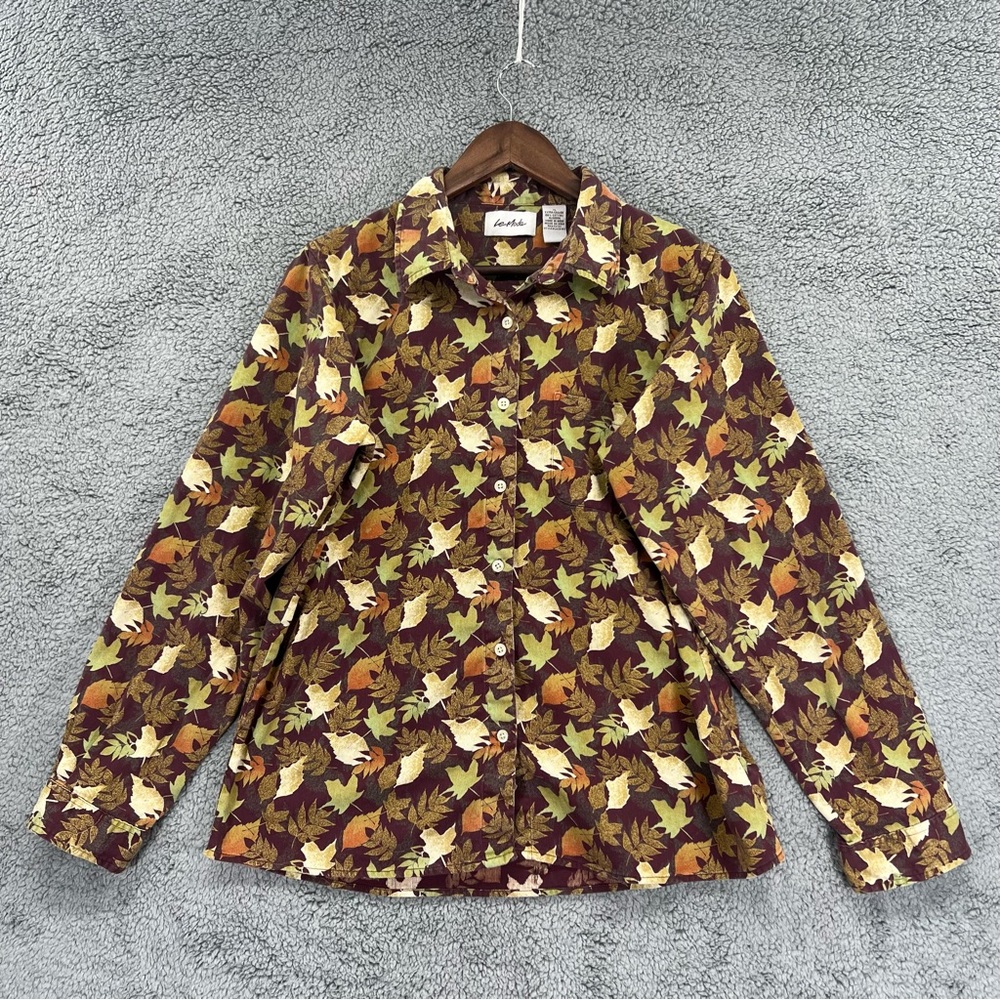Le Moda Button Shirt Fall Leaves Autumn Brown Orange 100% Cotton Women Sz XL